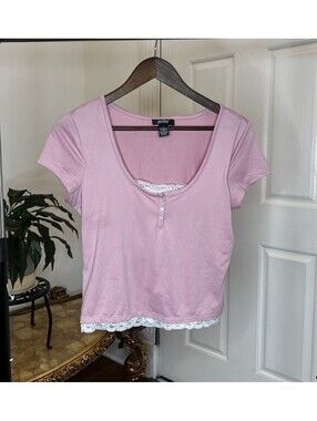 Just Polly NY Pink Lace Trim Crop Top Large Coquette Layered Scoop Neck Henley